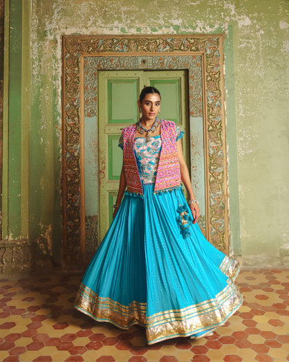 BLUE LAMPI LEHENGA WITH KUTCHI PATEL HAND EMBROIDERED JACKET