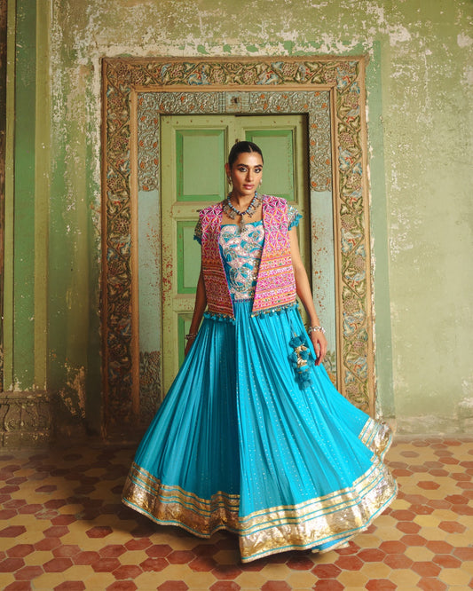 BLUE LAMPI LEHENGA WITH KUTCHI PATEL HAND EMBROIDERED JACKET