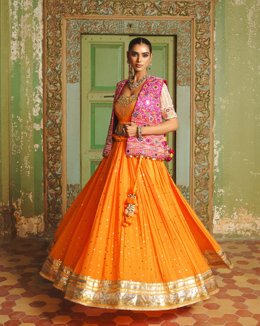MANGO YELLOW LAMPI LEHENGA WITH KUTCHI PATEL HAND EMBROIDERED JACKET