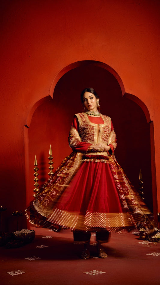 RED ANARKALI GHARCHOLA MARODI DUPATTA WITH ZARDOZI EMBROIDERY JACKET
