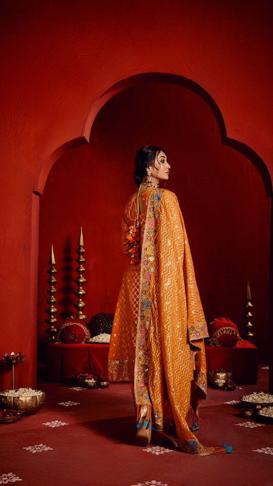 SAFFRON TISSU AARIE KALIDAR ANARKALI WITH HAND EMBROIDERY DUPATTA