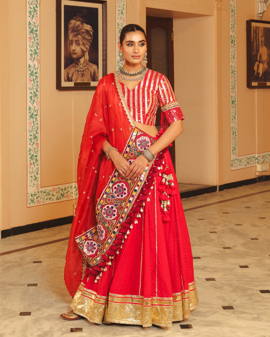 RED MIRROR LAMPI LEHENGA SET