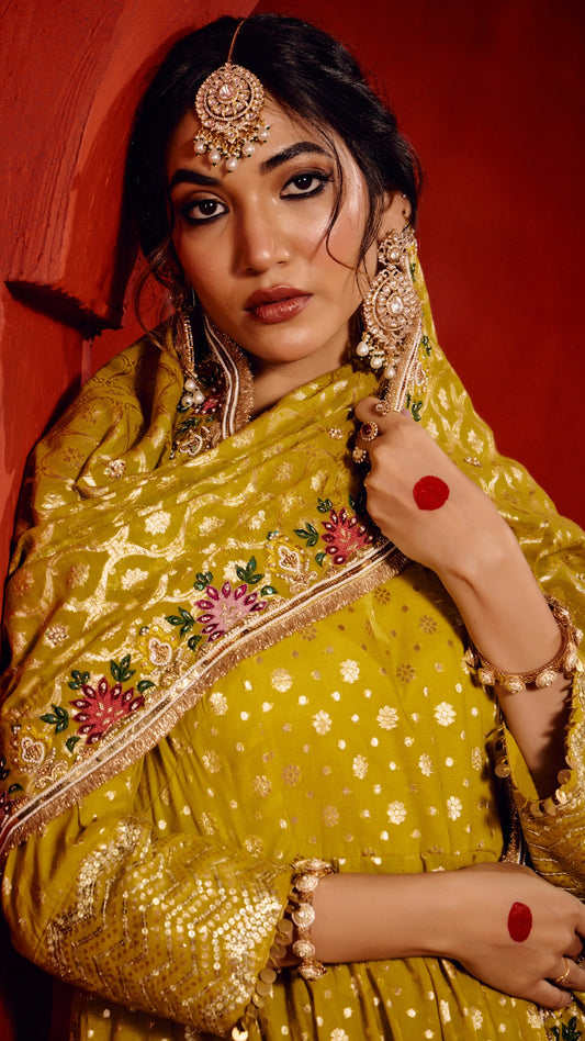 GOLDEN TISSU CHANDERI AARIE ANARKALI WITH HAND EMBROIDERY DUPPTA
