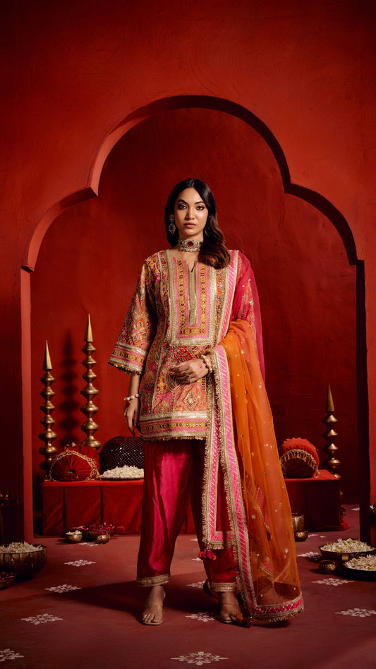 MULTI AAREE WORK FABRIC WITH SHADED HANDWORK LAMPI DUPATTA & SILK SALWAR SET