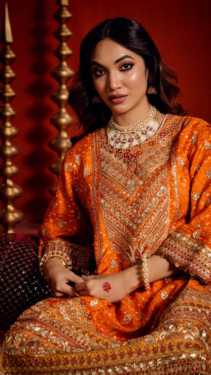 ORANGE AARI ZARDOZI HANDWORK KALI DRESS