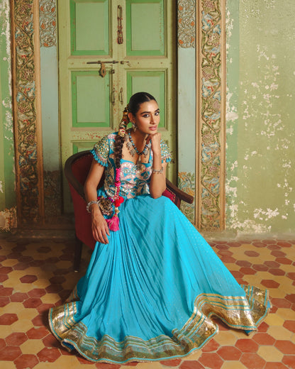 BLUE LAMPI LEHENGA WITH KUTCHI PATEL HAND EMBROIDERED JACKET