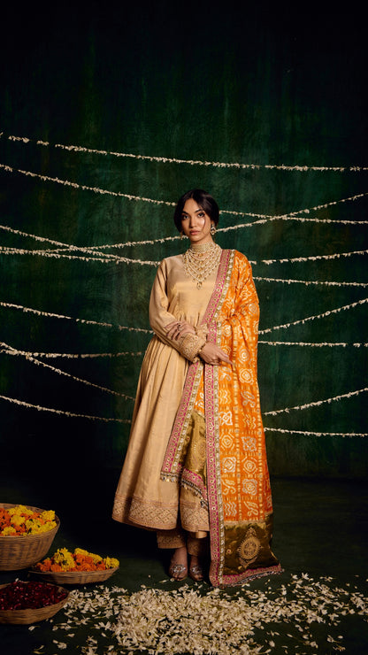 CREAM KANZI TISSU ZARDOZI ANARKALI WITH BANDHEJ MARODI HANDWORK DUPATTA
