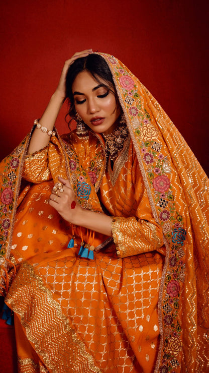 SAFFRON TISSU AARIE KALIDAR ANARKALI WITH HAND EMBROIDERY DUPATTA
