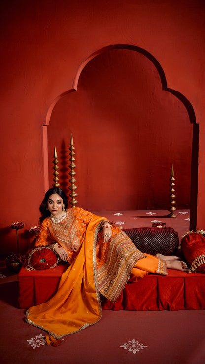 ORANGE AARI ZARDOZI HANDWORK KALI DRESS
