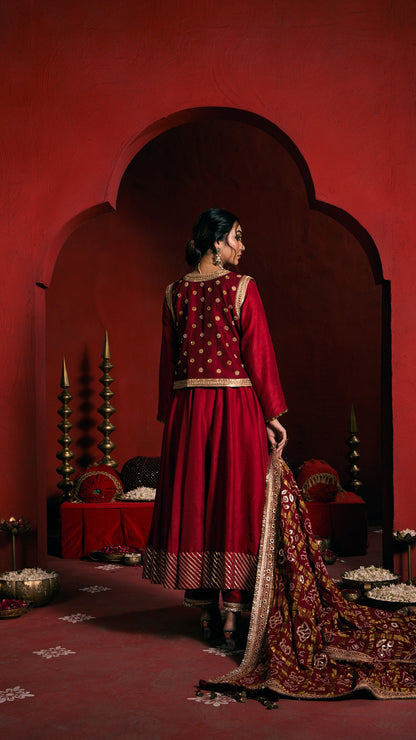 RED ANARKALI GHARCHOLA MARODI DUPATTA WITH ZARDOZI EMBROIDERY JACKET
