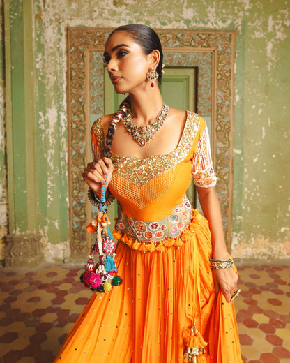 MANGO YELLOW LAMPI LEHENGA WITH KUTCHI PATEL HAND EMBROIDERED JACKET