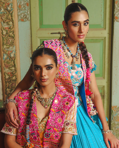 BLUE LAMPI LEHENGA WITH KUTCHI PATEL HAND EMBROIDERED JACKET