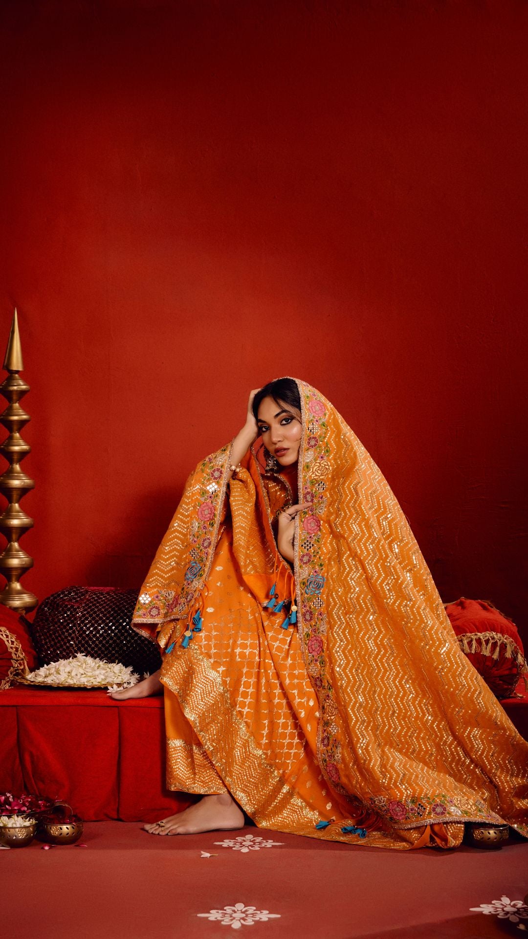 SAFFRON TISSU AARIE KALIDAR ANARKALI WITH HAND EMBROIDERY DUPATTA