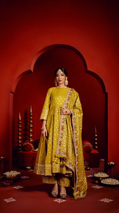 GOLDEN TISSU CHANDERI AARIE ANARKALI WITH HAND EMBROIDERY DUPPTA