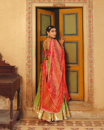 GREEN LAMPI LEHENGA SET WITH TISSU MUKAISH WORK