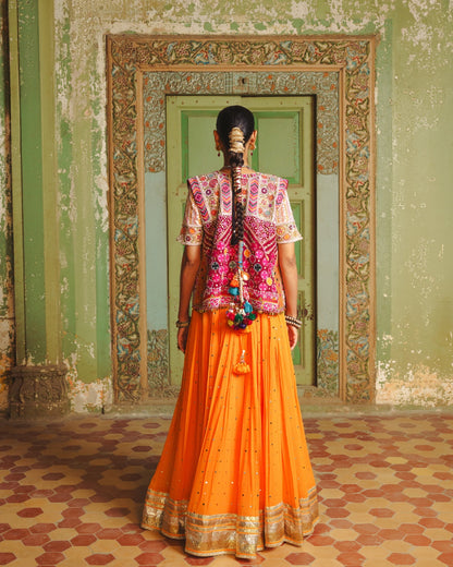 MANGO YELLOW LAMPI LEHENGA WITH KUTCHI PATEL HAND EMBROIDERED JACKET