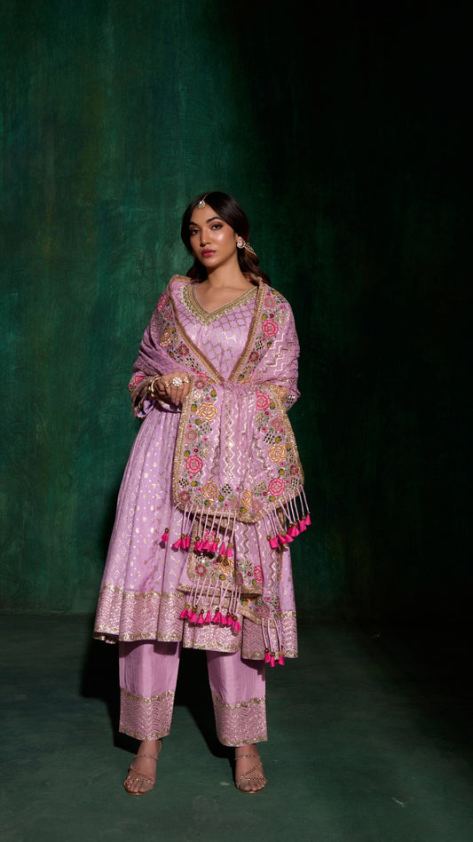 PASTEL TISSU AARIE KALIDAR ANARKALI WITH HAND EMBROIDERY DUPATTA