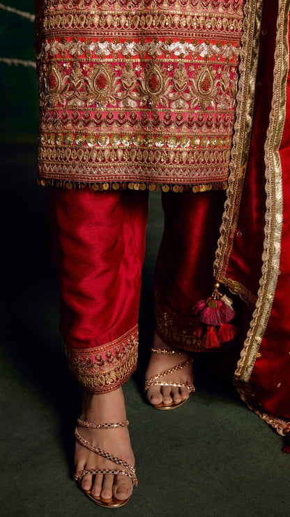 RED AARI ZARDOZI HANDWORK KALI DRESS