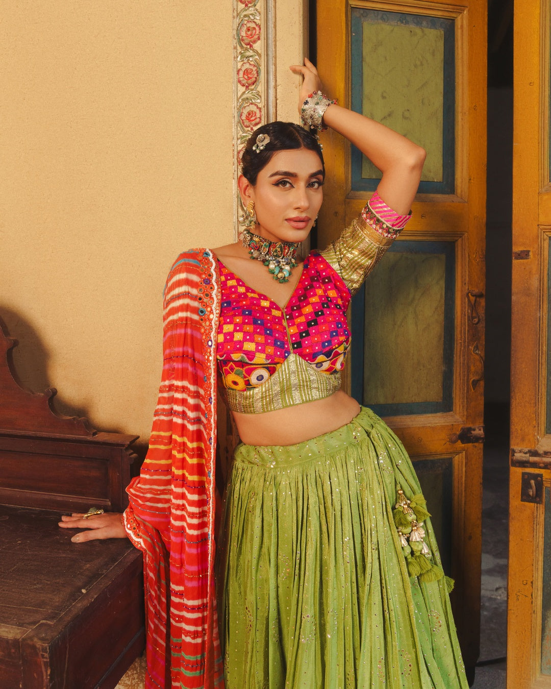 GREEN LAMPI LEHENGA SET WITH TISSU MUKAISH WORK