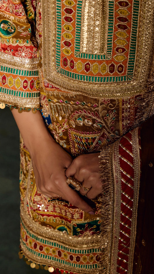 MULTI AAREE WORK FABRIC WITH SHADED HANDWORK LAMPI DUPATTA & SILK SALWAR SET