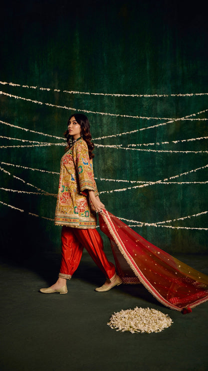 MULTI AAREE WORK FABRIC WITH SHADED HANDWORK LAMPI DUPATTA & SILK SALWAR SET